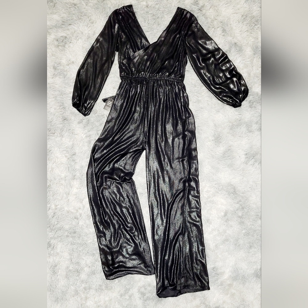 Long-sleeve Metallic Black Wide Leg Elegant Jumpsuit - Picture 3 of 4